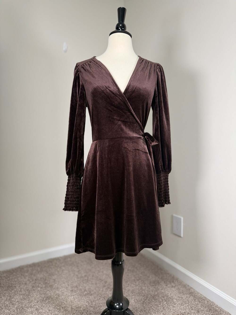 Chocolate Brown Velvet Wrap Mini Dress Witchy Smocked Cuff Romantic Fall M